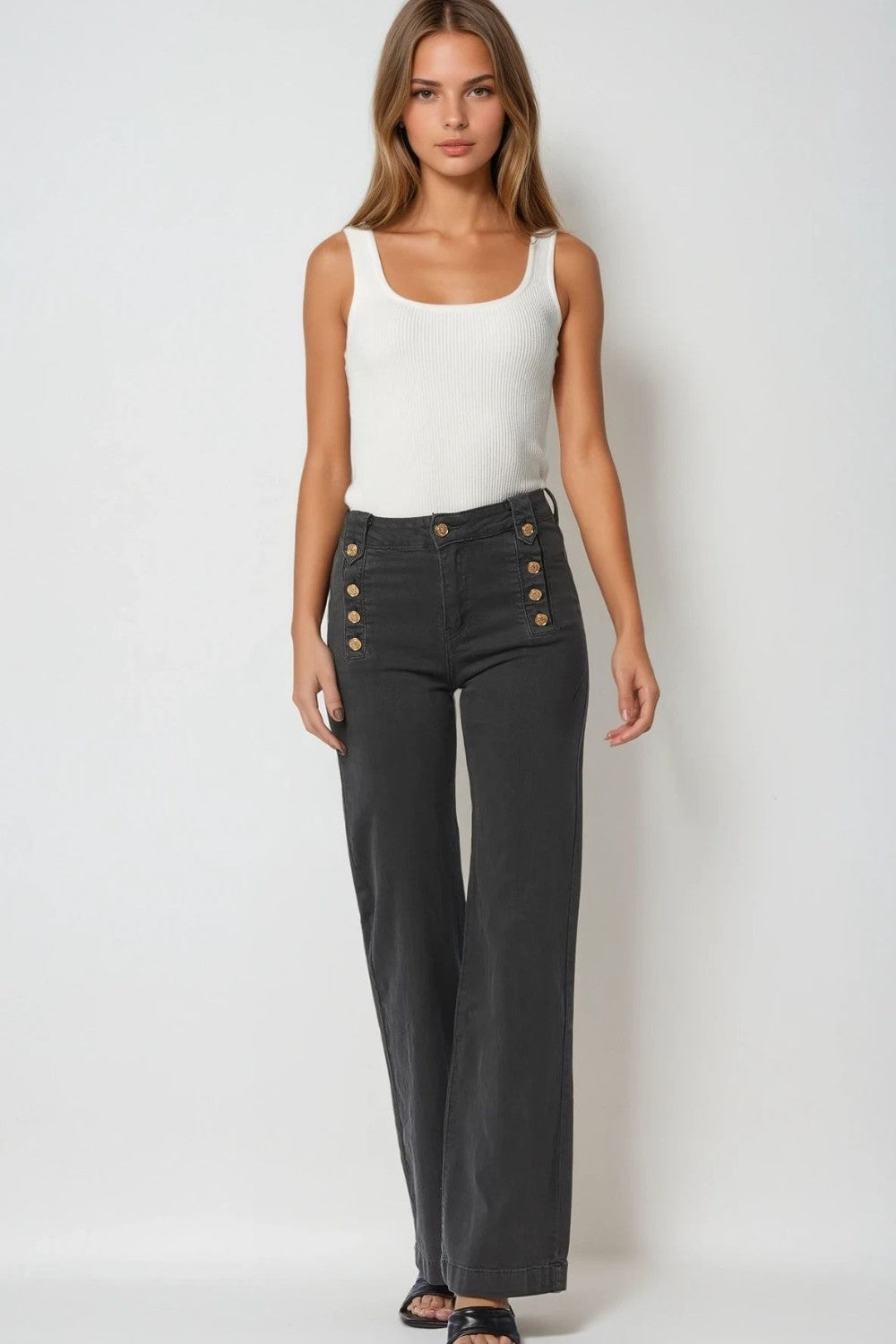 Straight Jeans With Gold Buttons At the Side in dark grey - trousers
