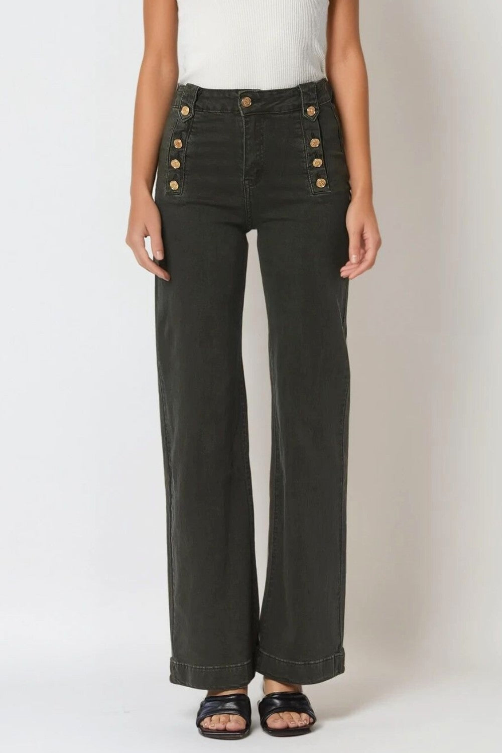 Straight Jeans With Gold Buttons At the Side in khaki - trousers