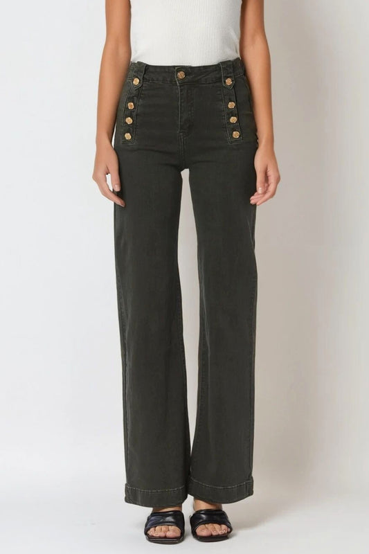 Straight Jeans With Gold Buttons At the Side in khaki - trousers