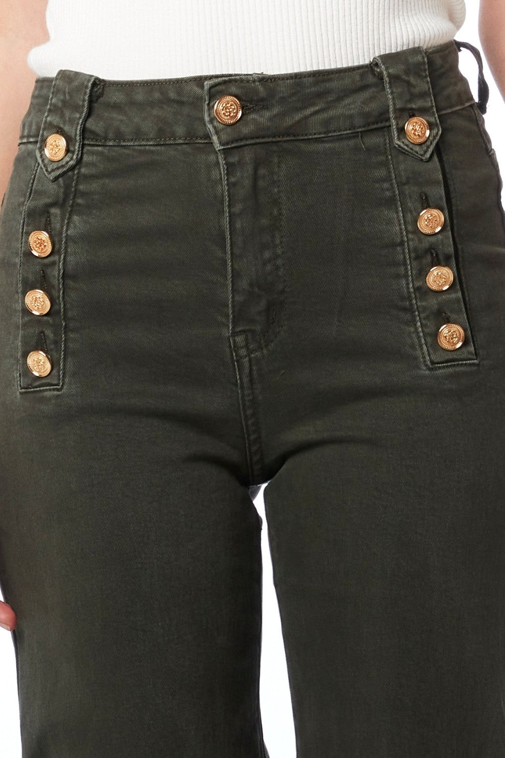 Straight Jeans With Gold Buttons At the Side in khaki - trousers