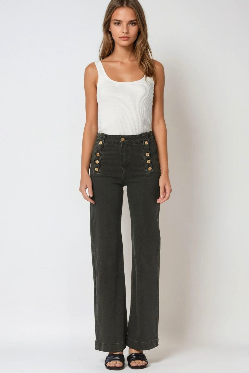 Straight Jeans With Gold Buttons At the Side in khaki - trousers