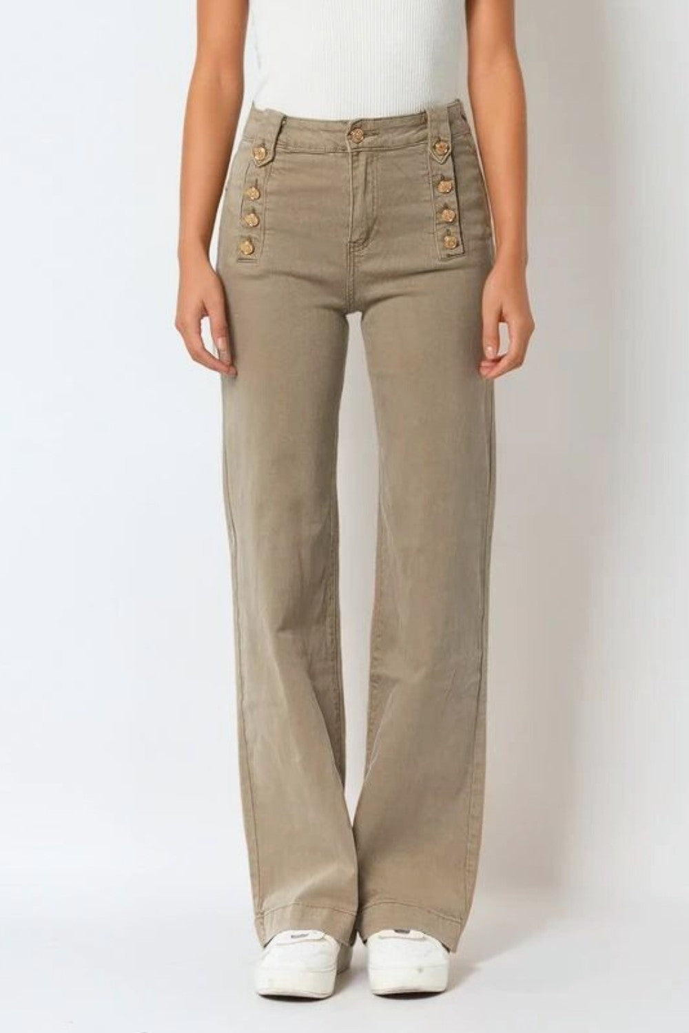 Straight Jeans With Gold Buttons At the Side in beige - trousers