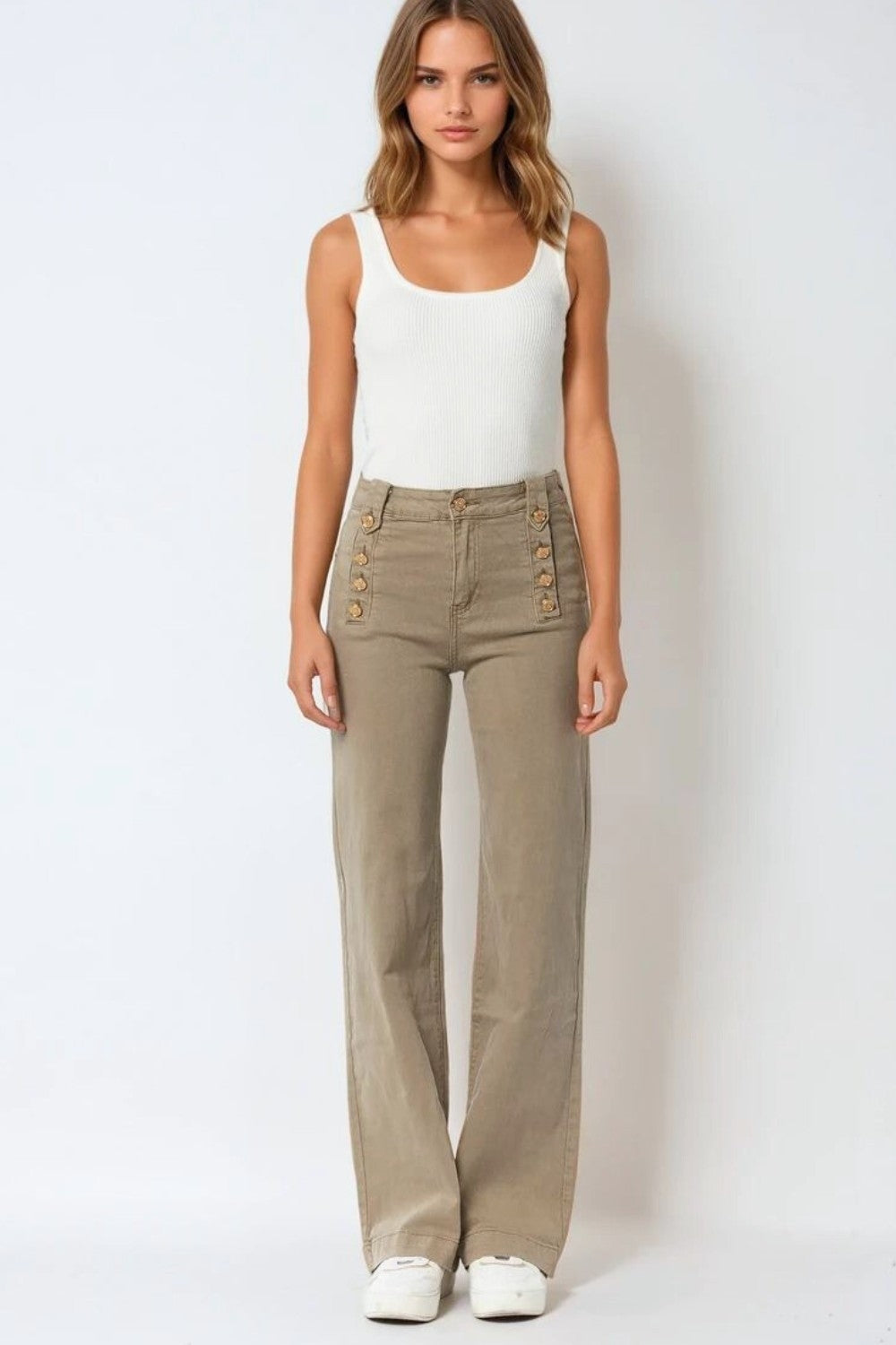 Straight Jeans With Gold Buttons At the Side in beige - trousers