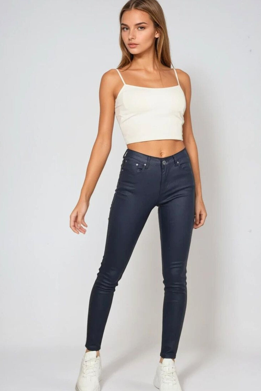 Navy Faux Leather Super Skinny Pants - trousers