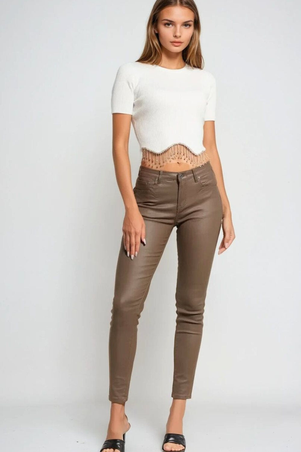 Beige Faux Leather Super Skinny Pants