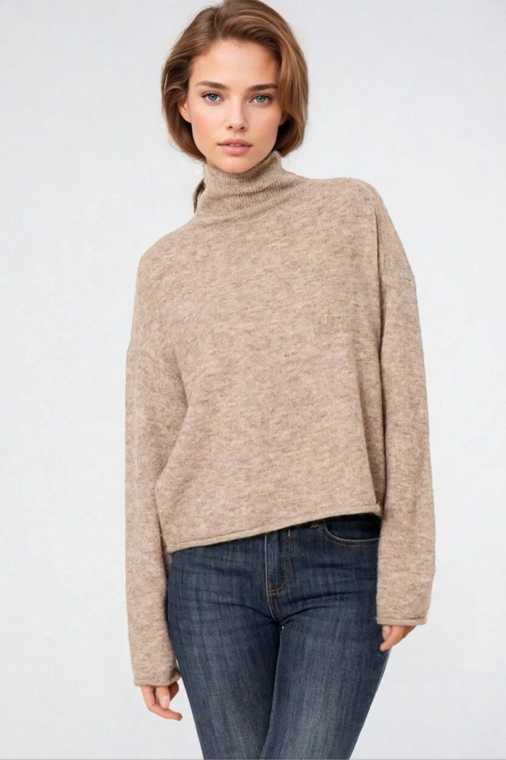 Beige fluffy high neck relax fit sweater - jumper