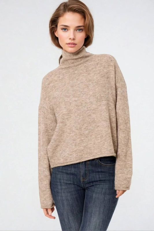 Beige fluffy high neck relax fit sweater - jumper
