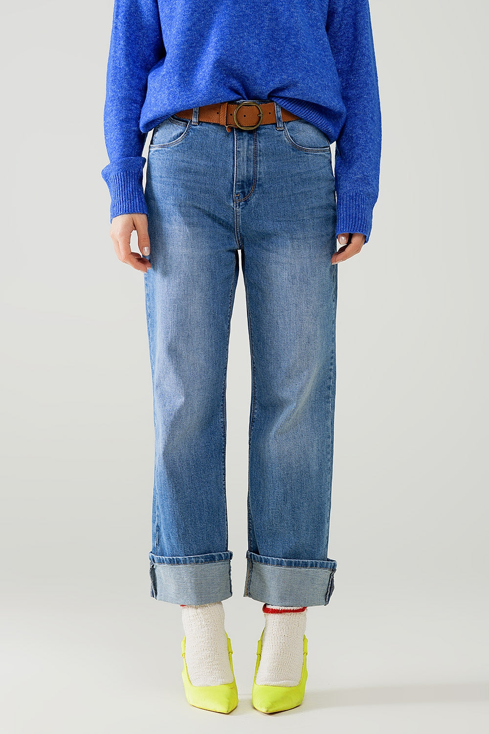 straight fit cuffed jeans with mid wash - Denim