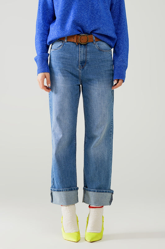 straight fit cuffed jeans with mid wash - Denim