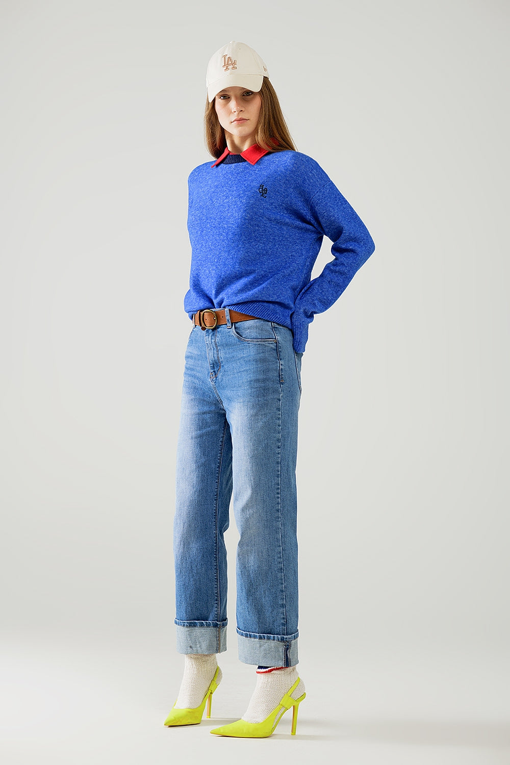 straight fit cuffed jeans with mid wash - Denim