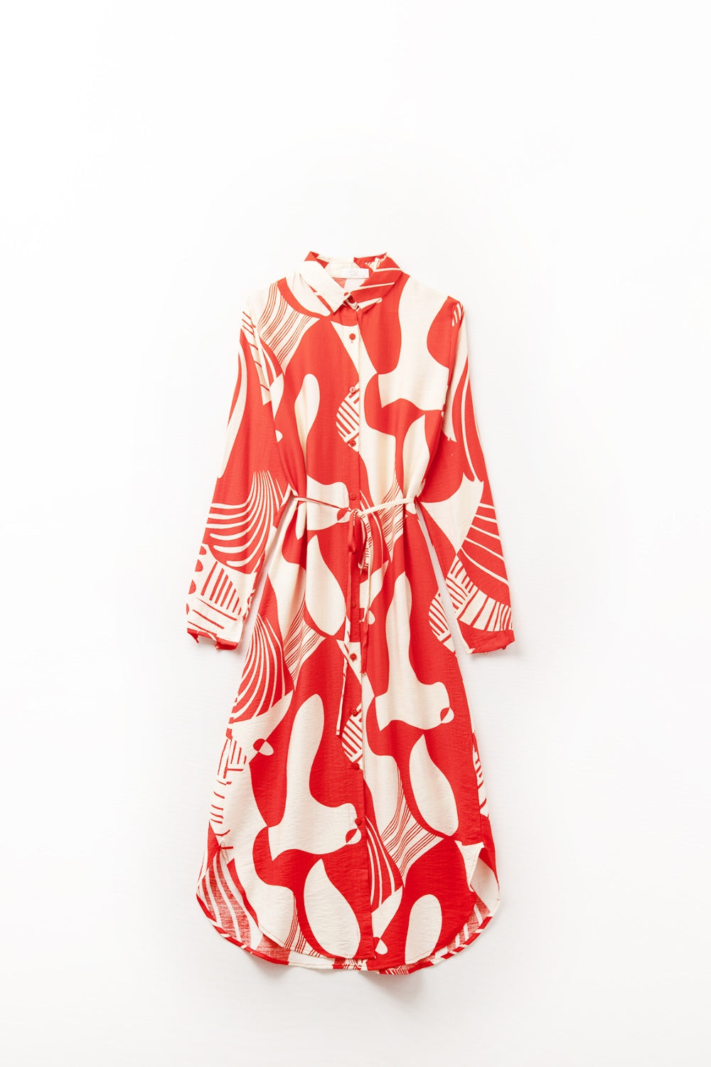 abstract print button-down dress in red - dress