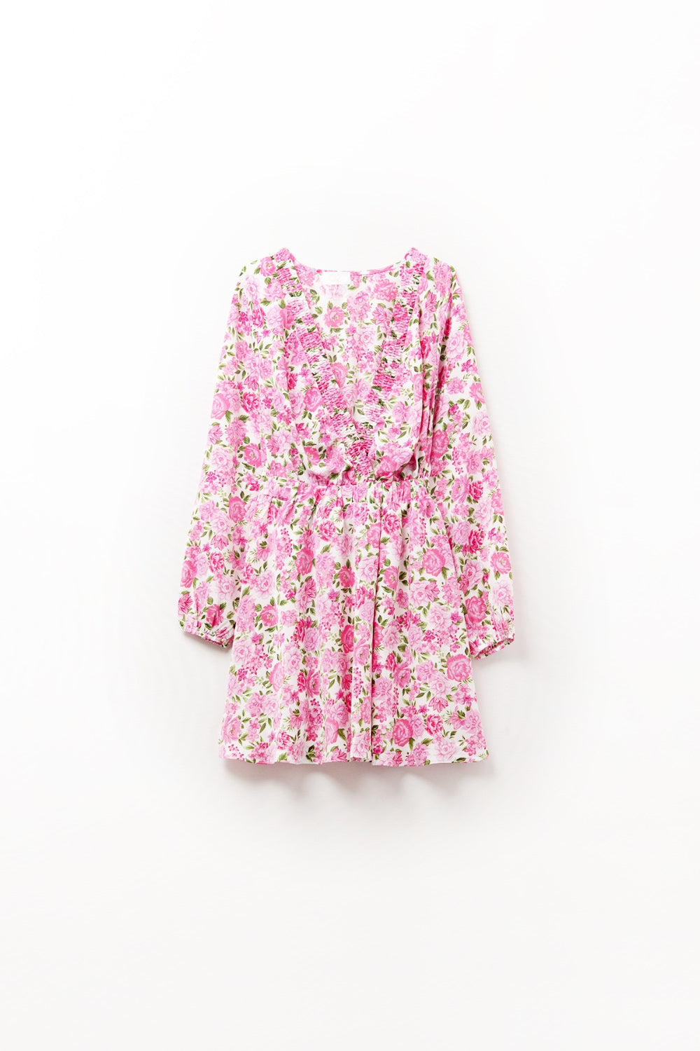 Floral V-Neck Dress with Pink Blooms and Green Accents - dress