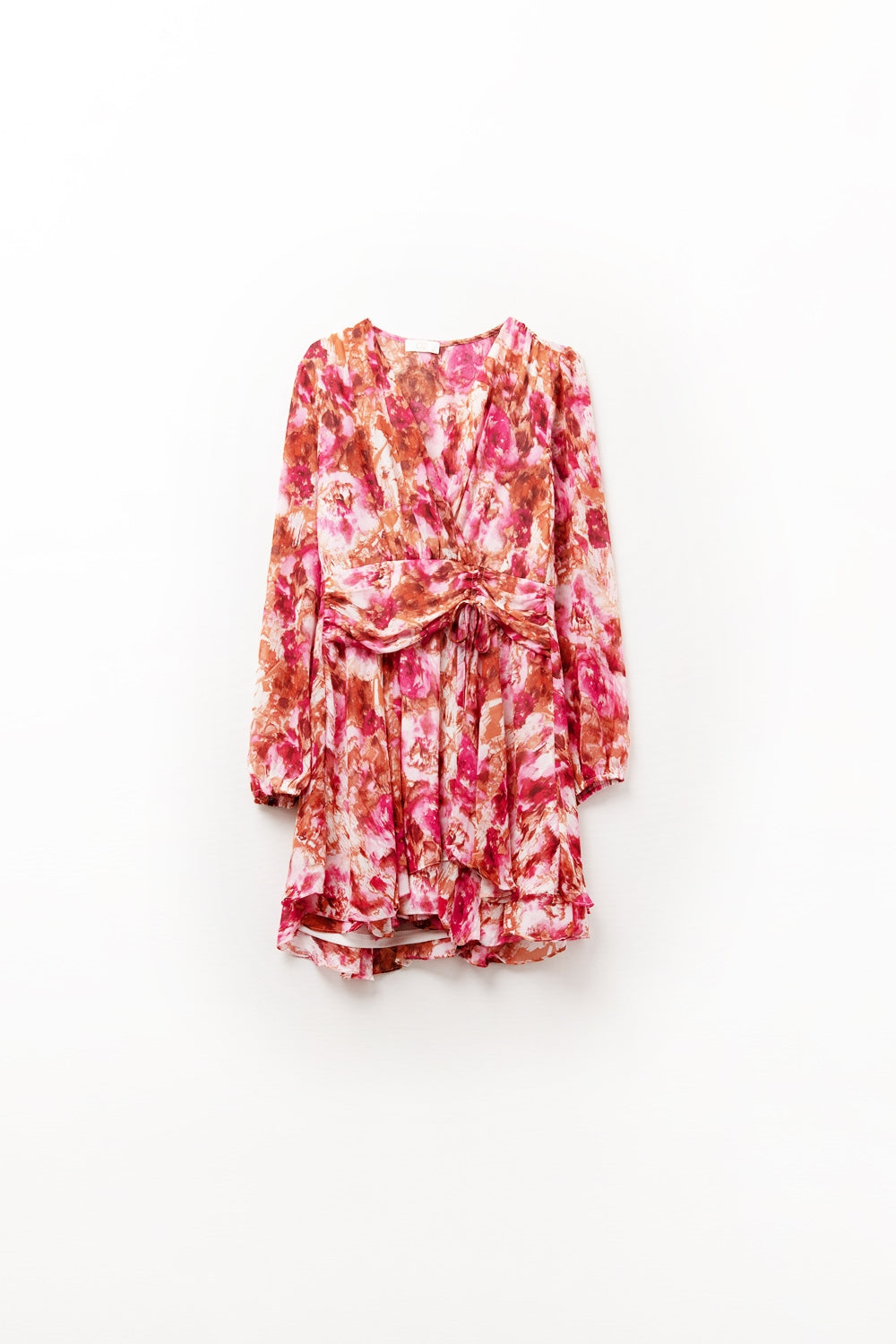 Abstract Print Mini V Neck Dress With Rouche at Waist - dress
