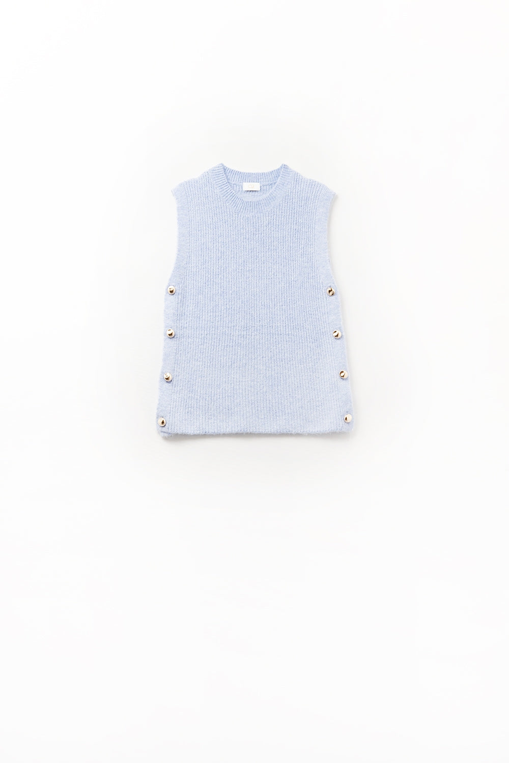 Blue sleeveless sweater with gold buttons on side