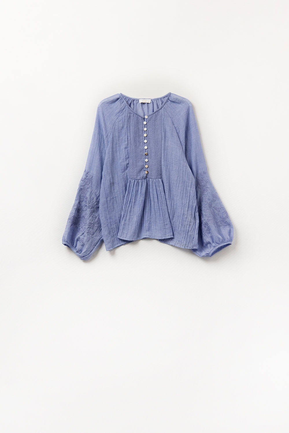 Blue chiffon blouse with embroidery on the sleeves - Shirts