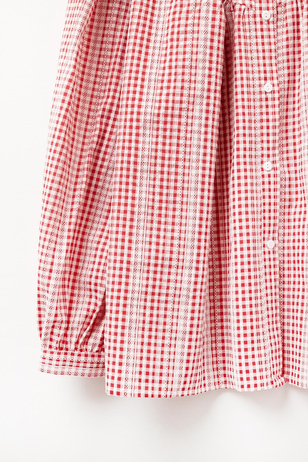 Gingham Red and White Collarless Blouse With Wide Sleeves - Shirts