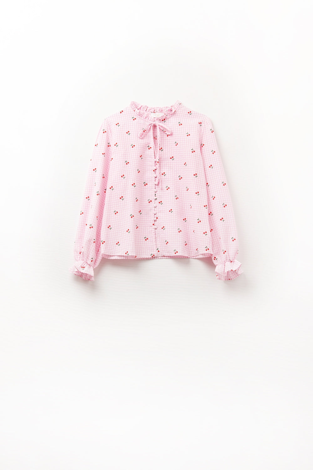 Pink Blouse with Cherry Details and Tied Bow - Shirts