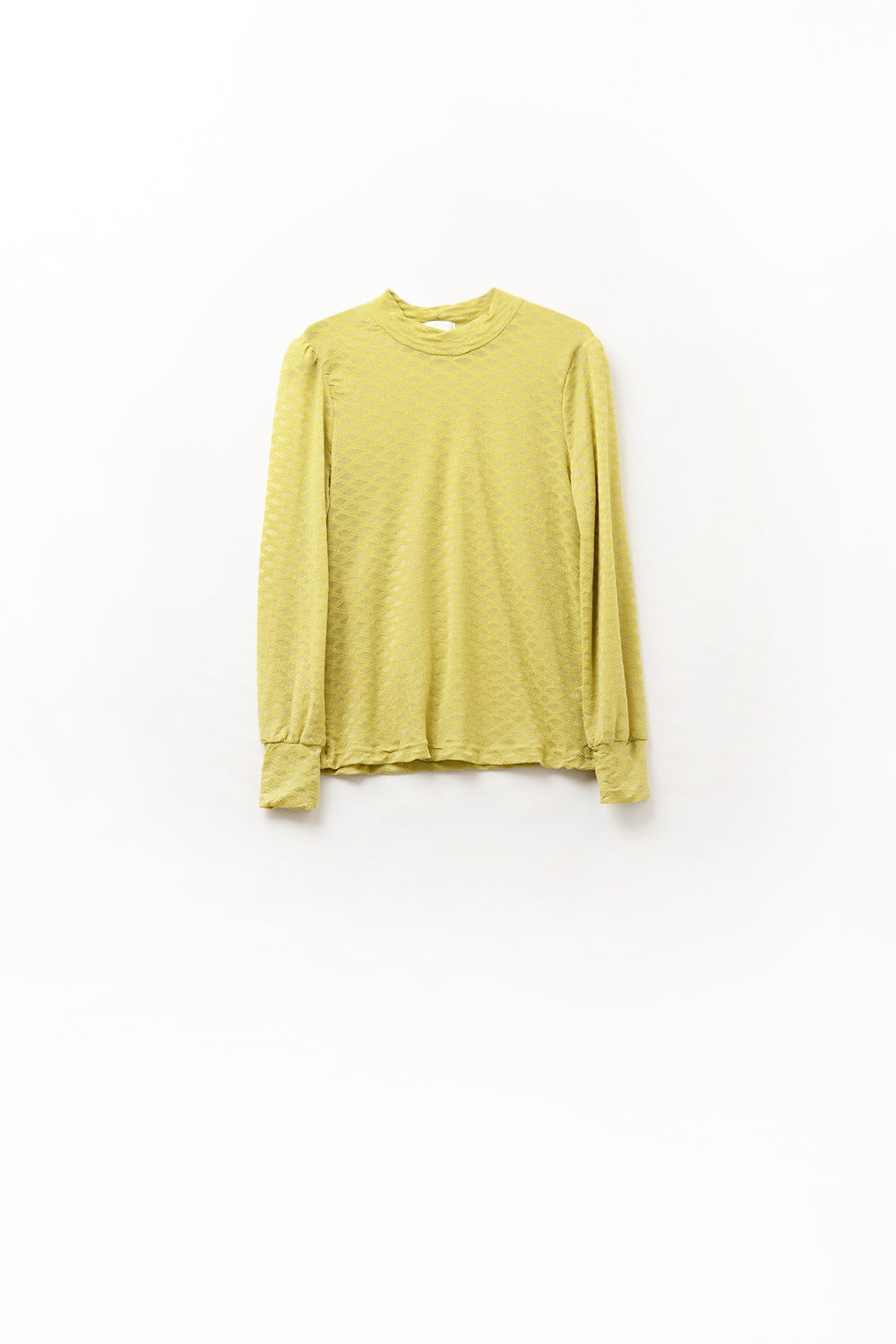 green lace top with high neck and cuff detail
