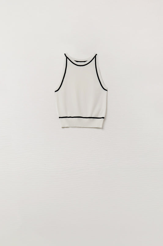 Sleeveless Sweater In White Featuring Black Lines On The Outside