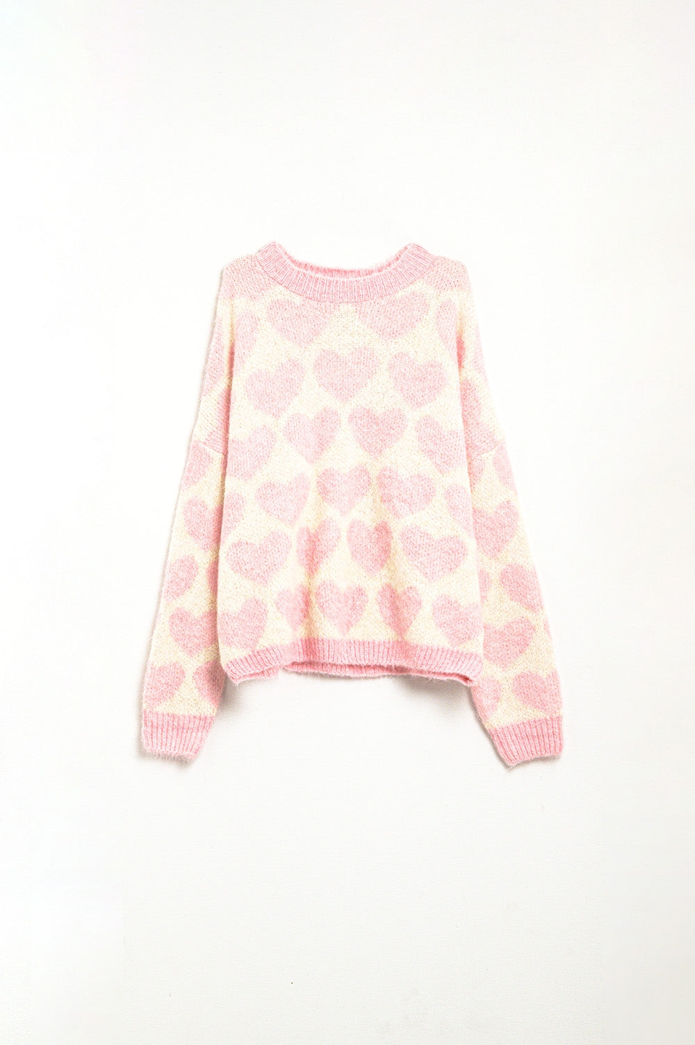 Super Soft Oversized Cream Sweater With Pink Hearts All Over