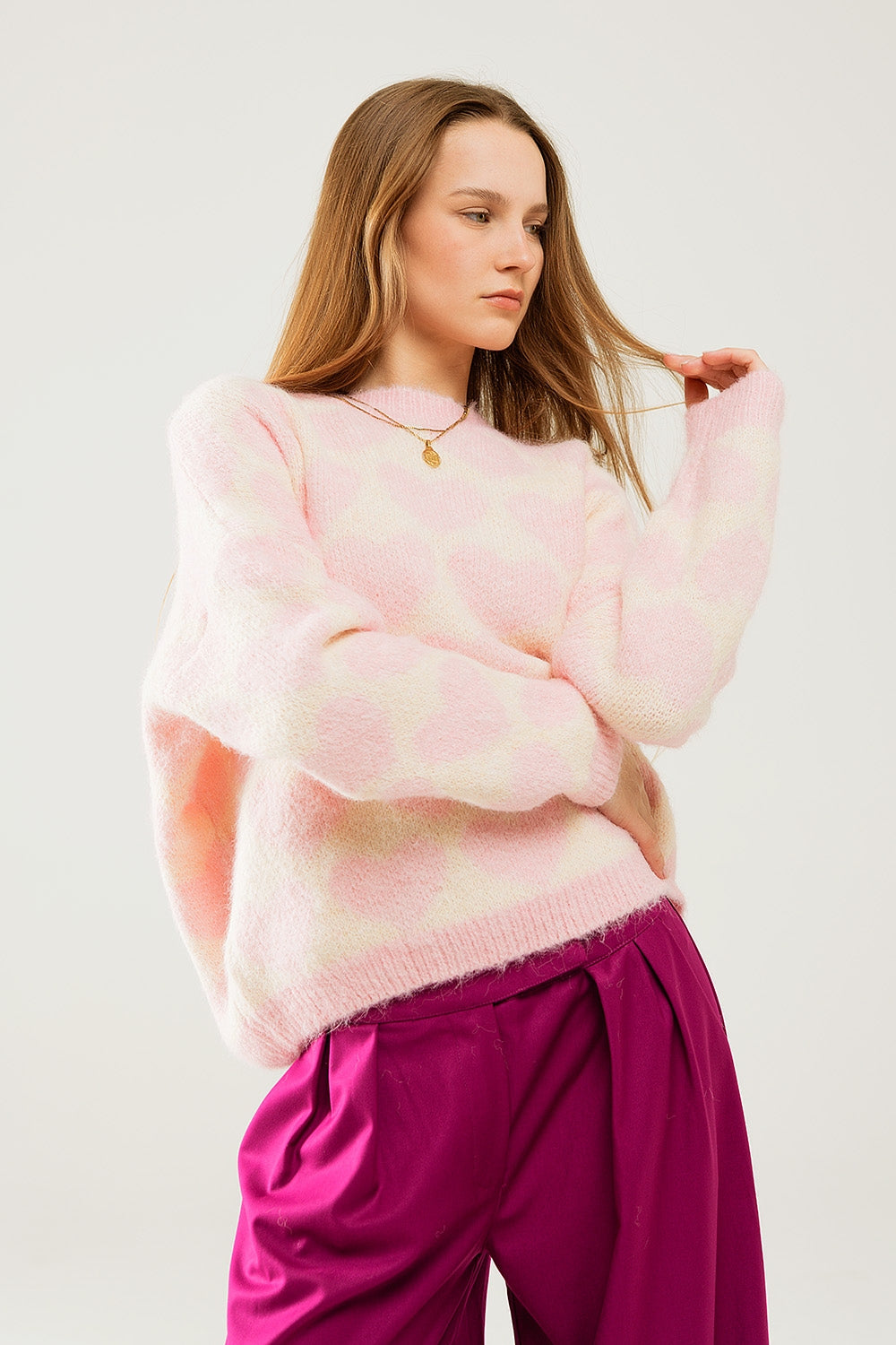 Super Soft Oversized Cream Sweater With Pink Hearts All Over