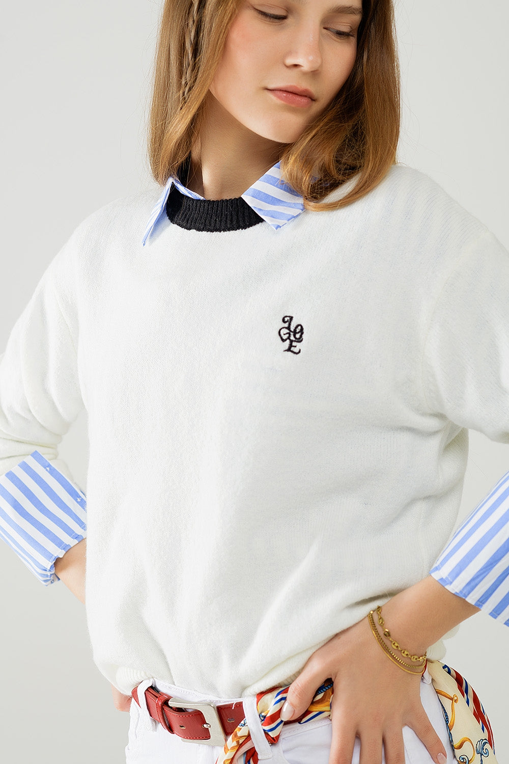 White sweater with contrasting collar and love logo on chest - jumper