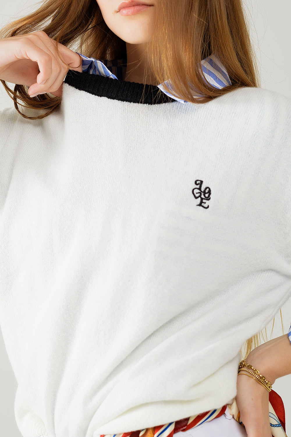 White sweater with contrasting collar and love logo on chest - jumper