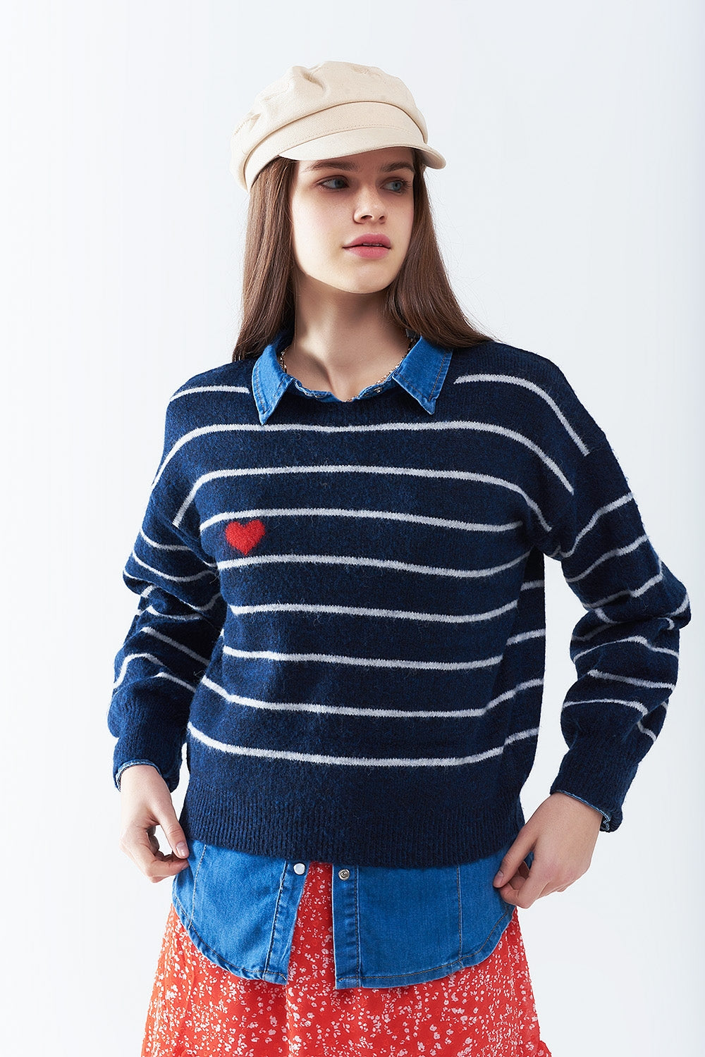 Blue striped sweater with red heart detail