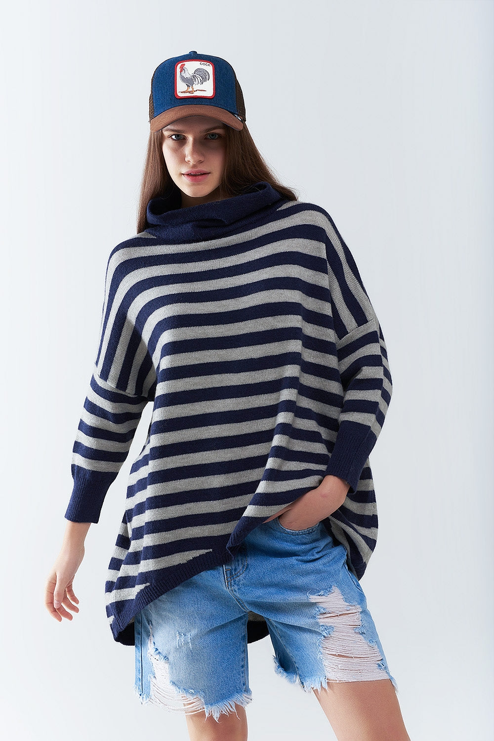 High Neck Oversized Sweater With Bat Wings and Stripes in navy and grey