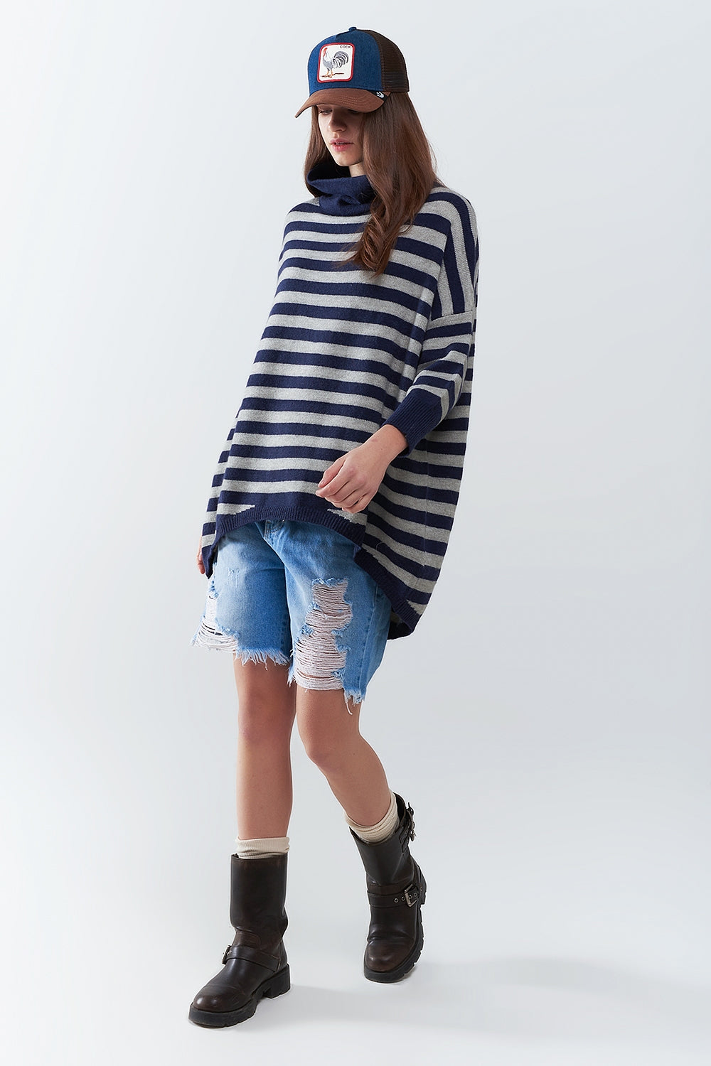 High Neck Oversized Sweater With Bat Wings and Stripes in navy and grey