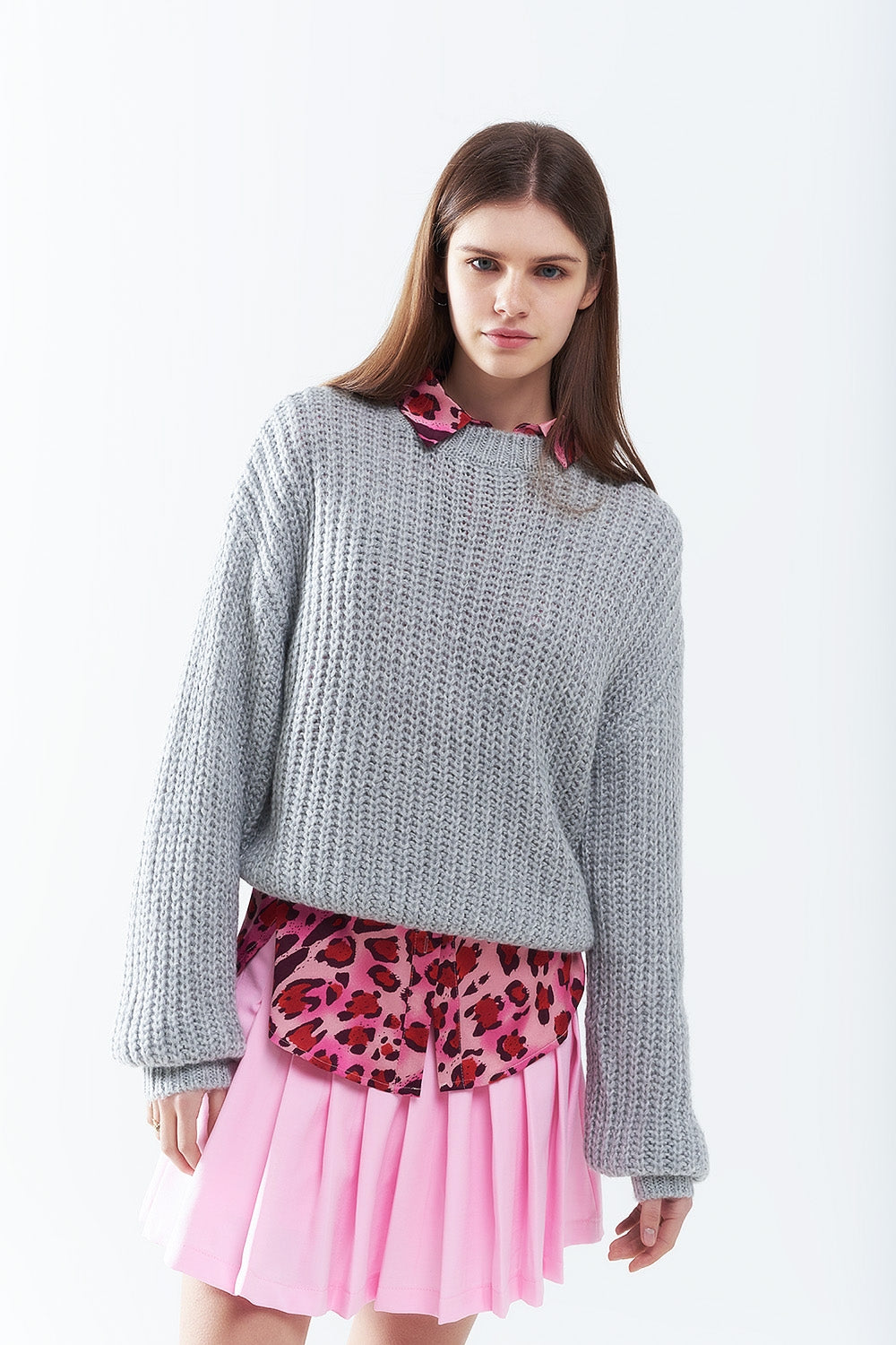 Light grey chunky knit sweater with balloon sleeves