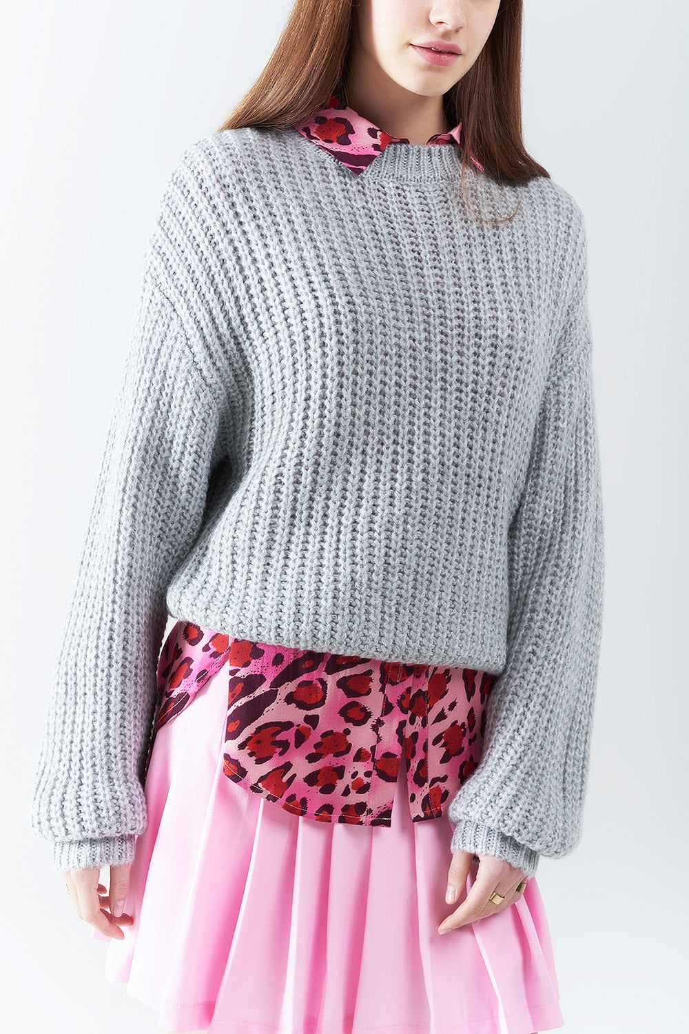 Light grey chunky knit sweater with balloon sleeves