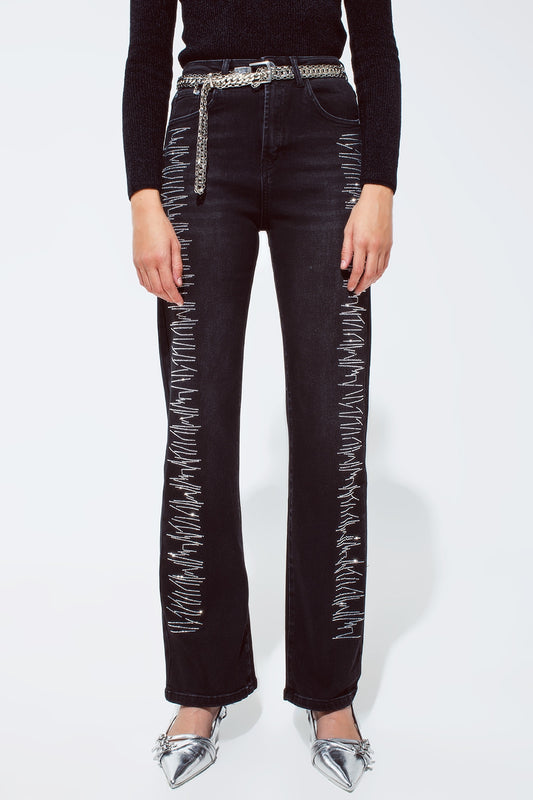 Straight jeans in black with silver strass details - Coloured Jeans