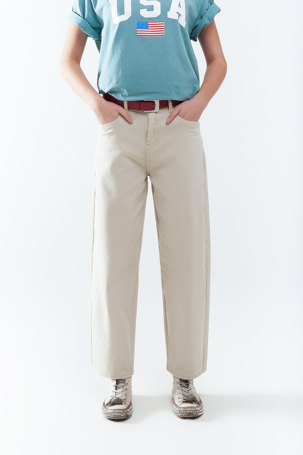 comfortable stretch jeans with barrel leg in beige - Coloured Jeans