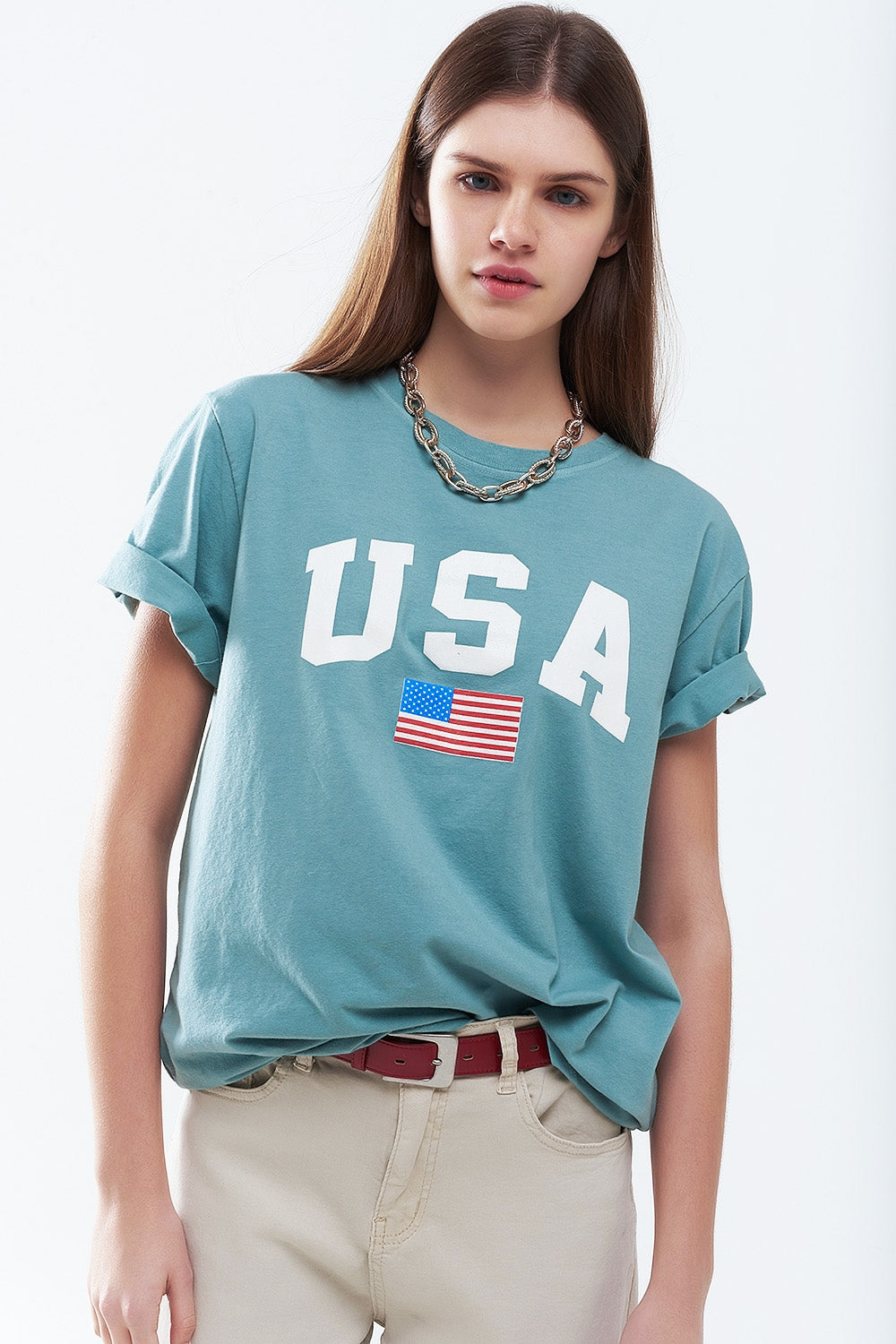 Green loose long t-shirt with USA logo - top