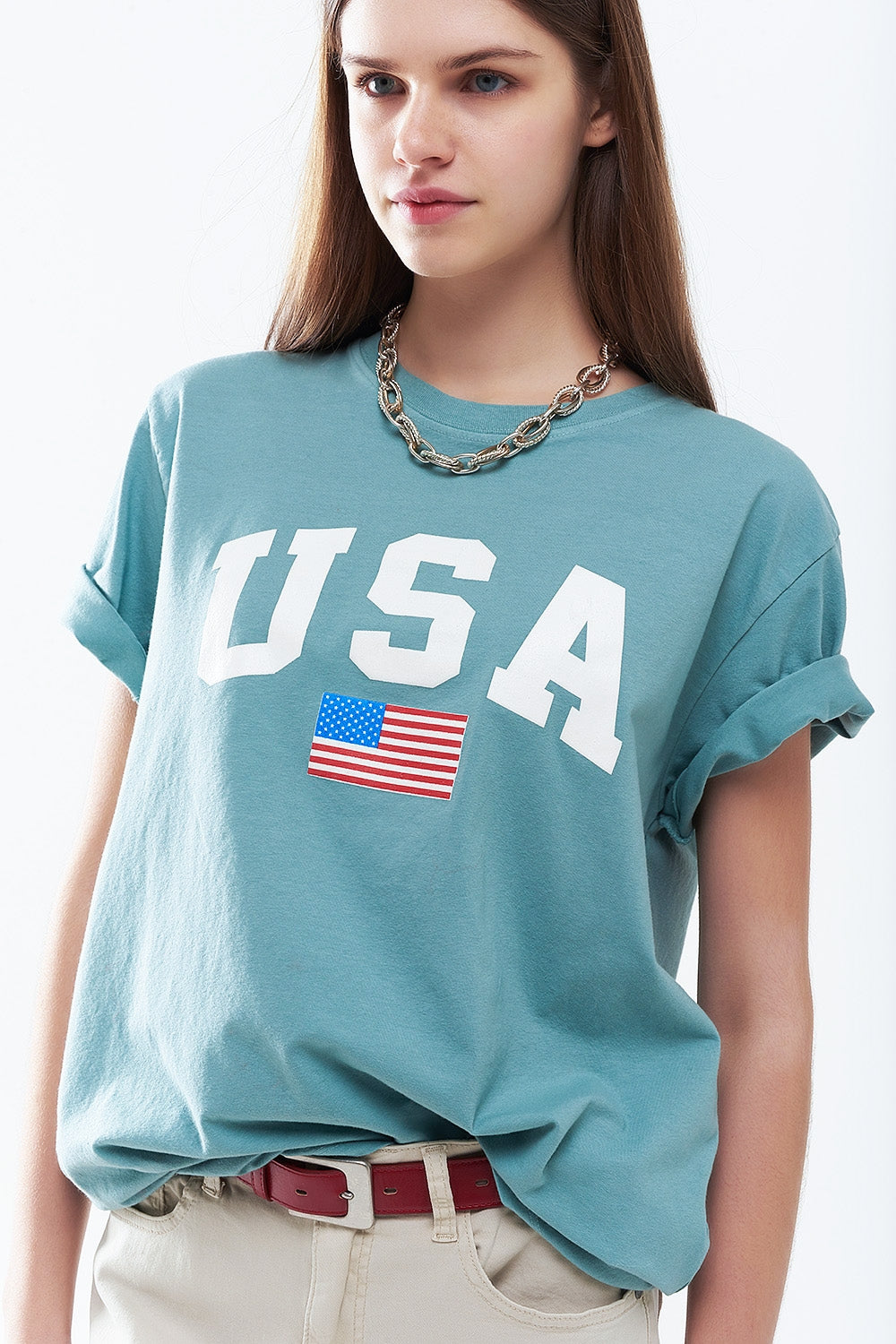 Green loose long t-shirt with USA logo - top