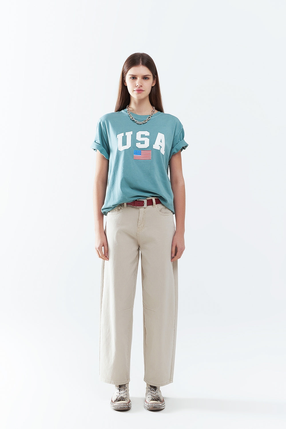 Green loose long t-shirt with USA logo - top