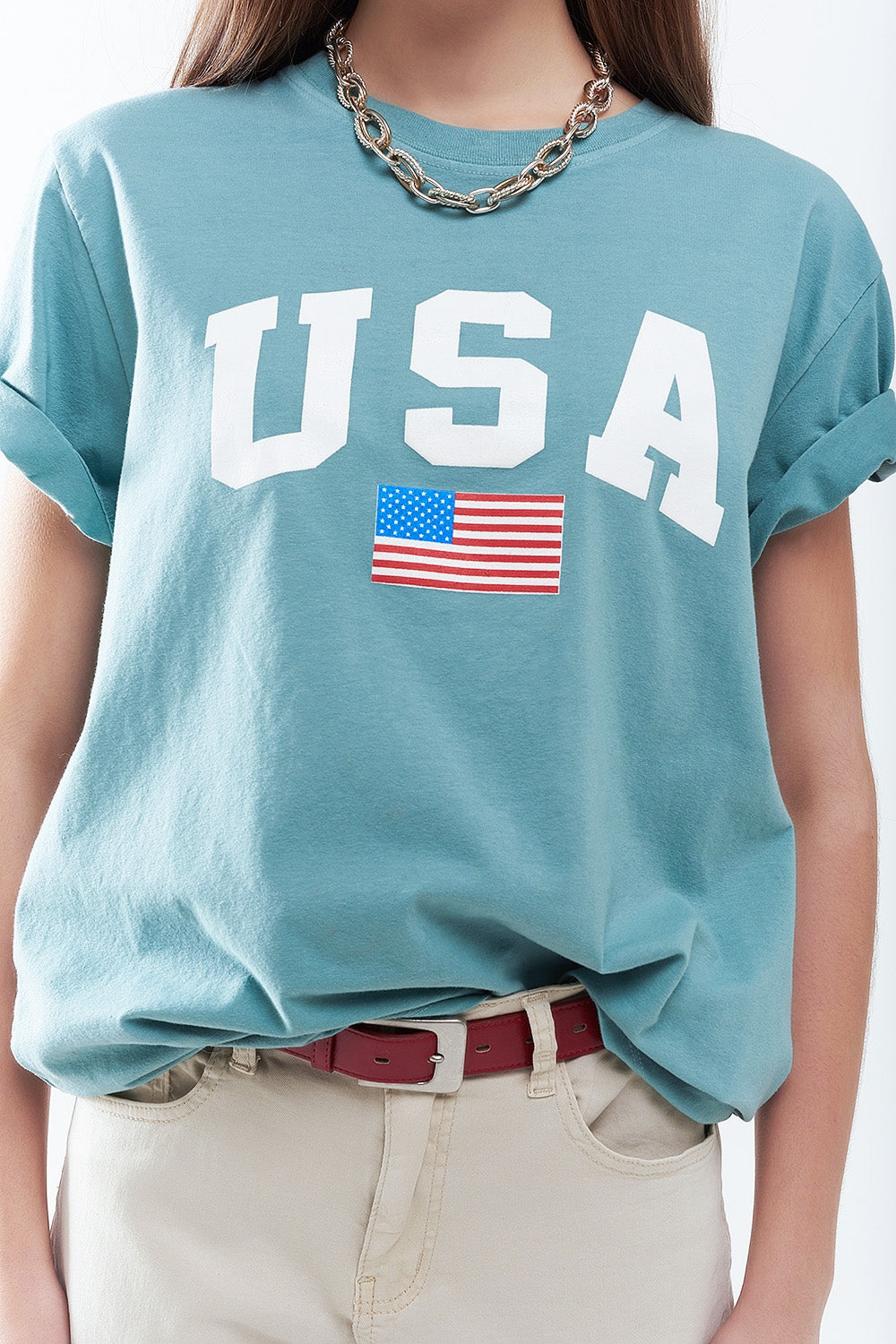 Green loose long t-shirt with USA logo - top