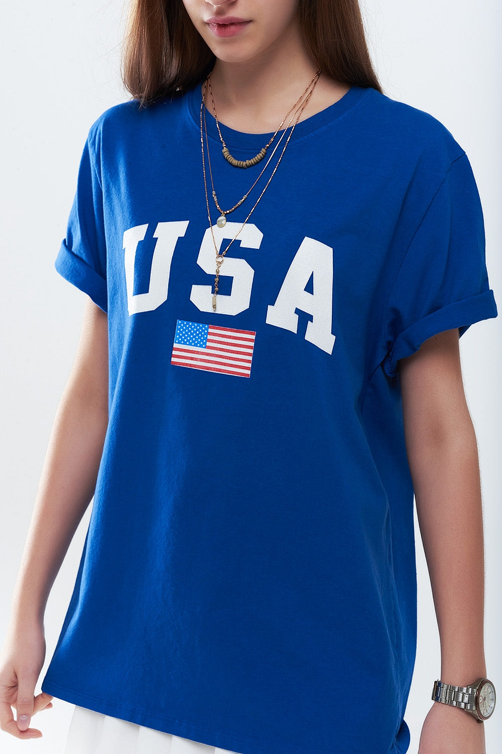 Blue loose long t-shirt with USA logo - top