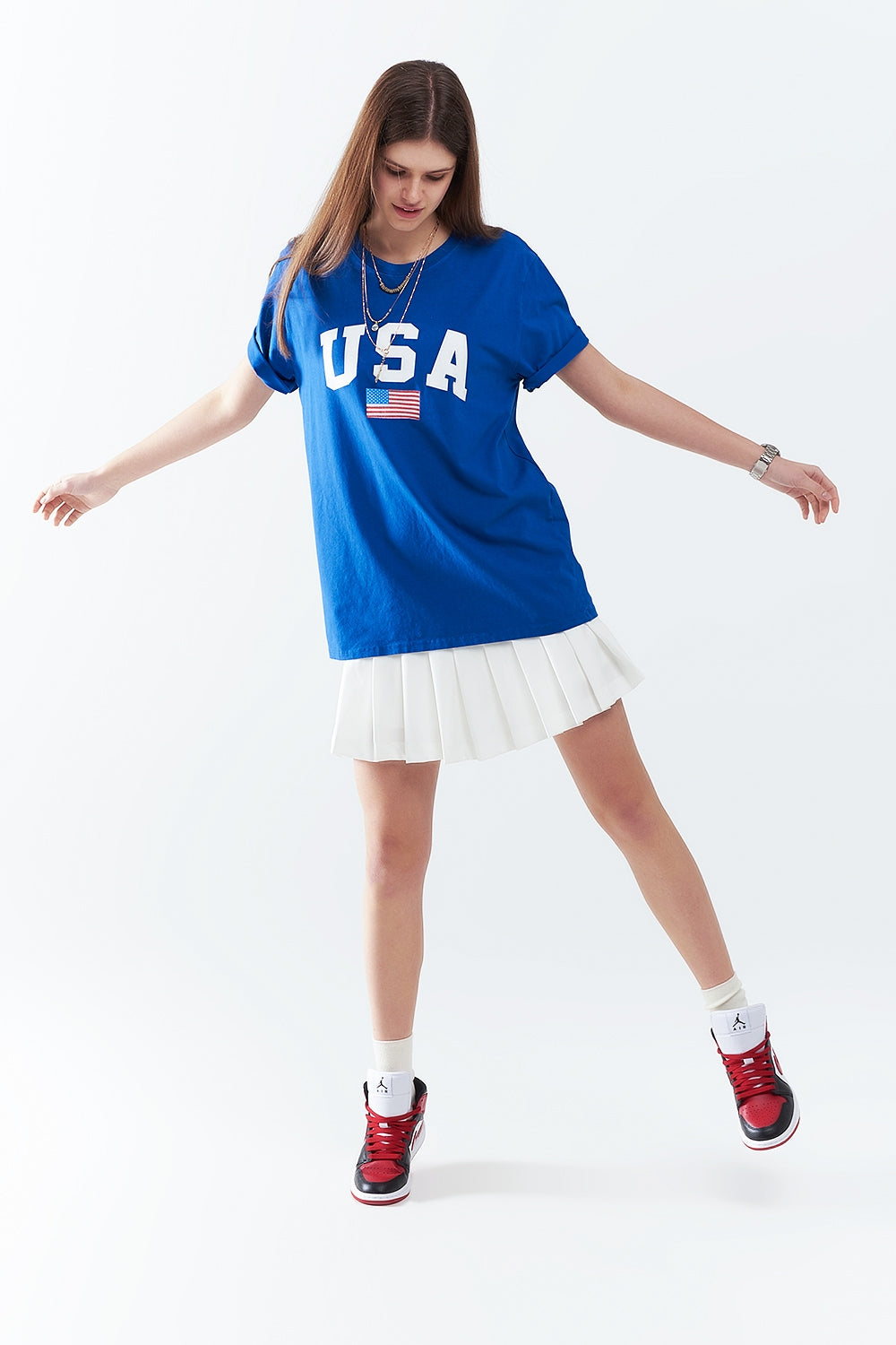 Blue loose long t-shirt with USA logo - top