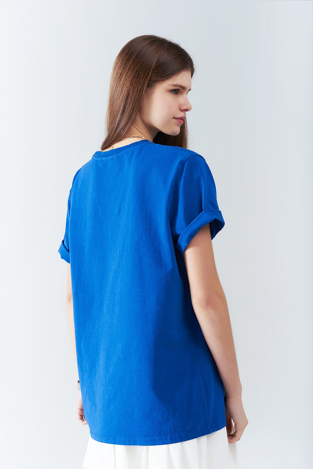 Blue loose long t-shirt with USA logo - top