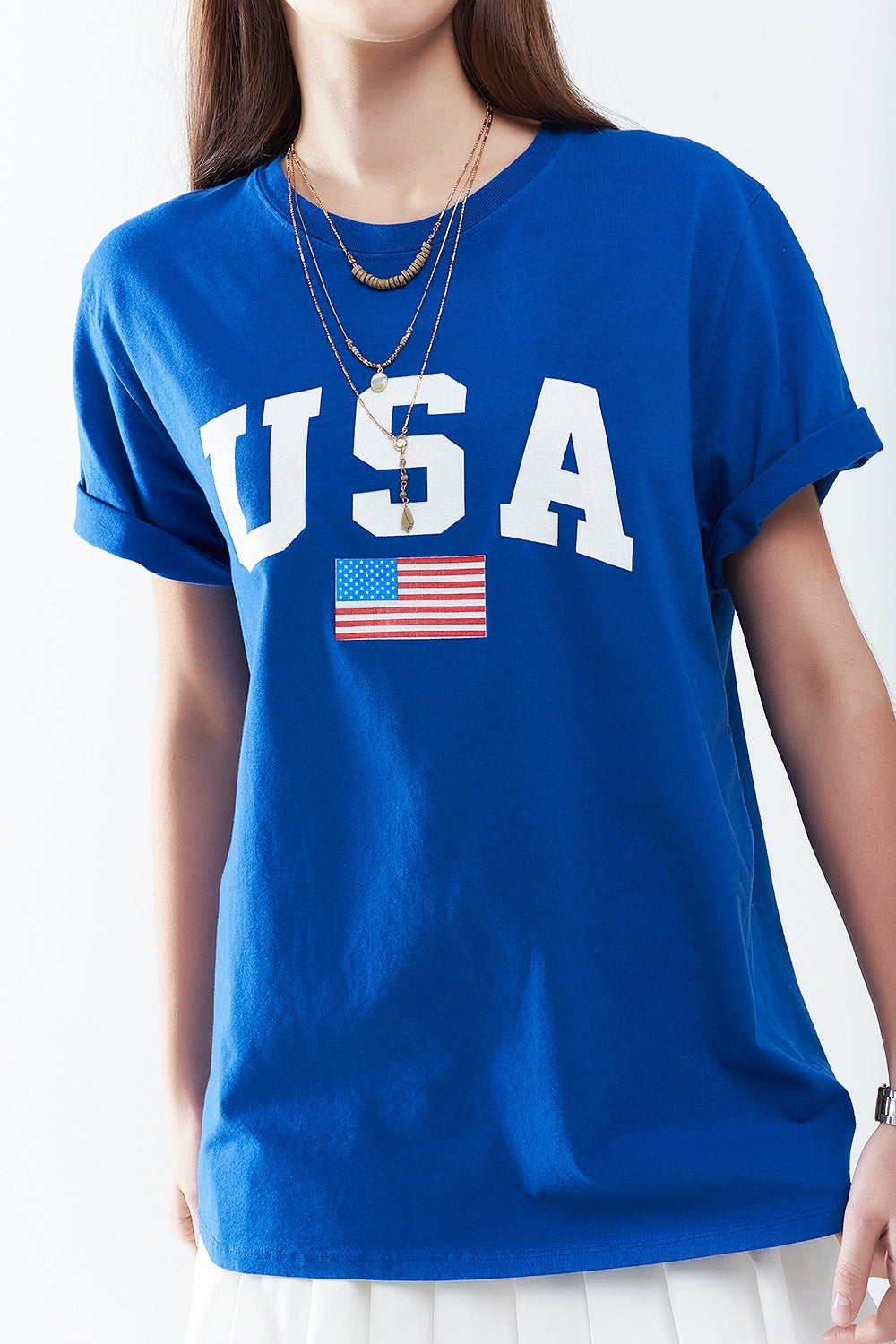 Blue loose long t-shirt with USA logo - top