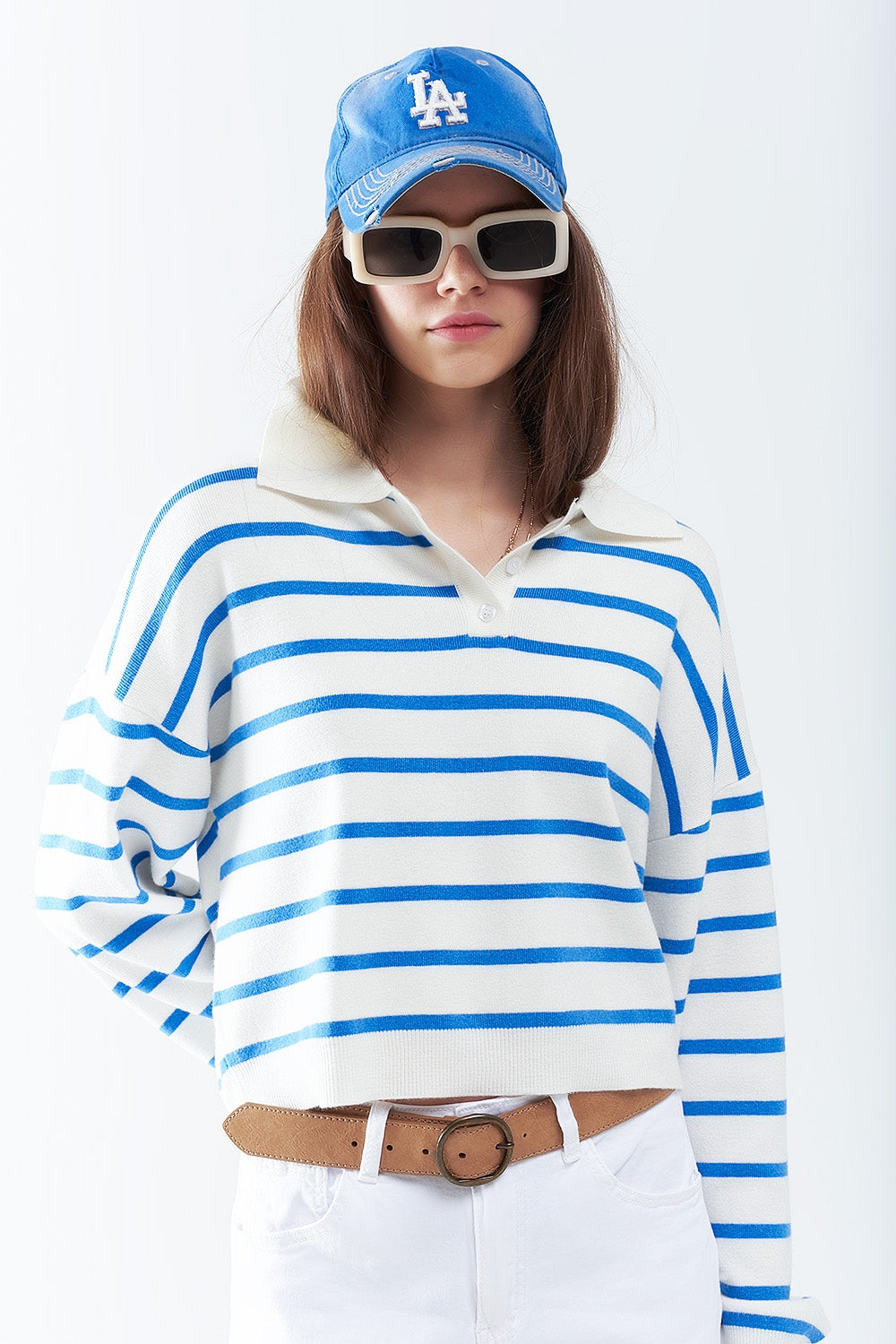 blue striped soft knit polo - jumper