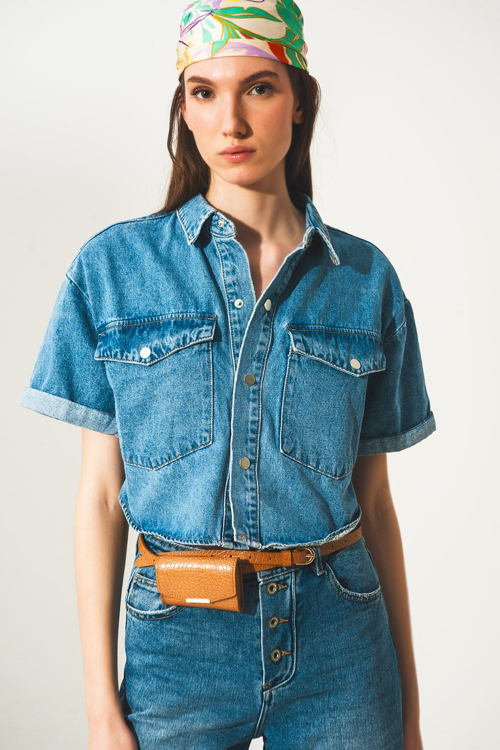 mid-blue wash denim cropped jacket - blazer