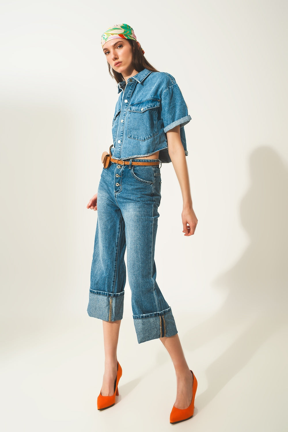 mid-blue wash denim cropped jacket - blazer