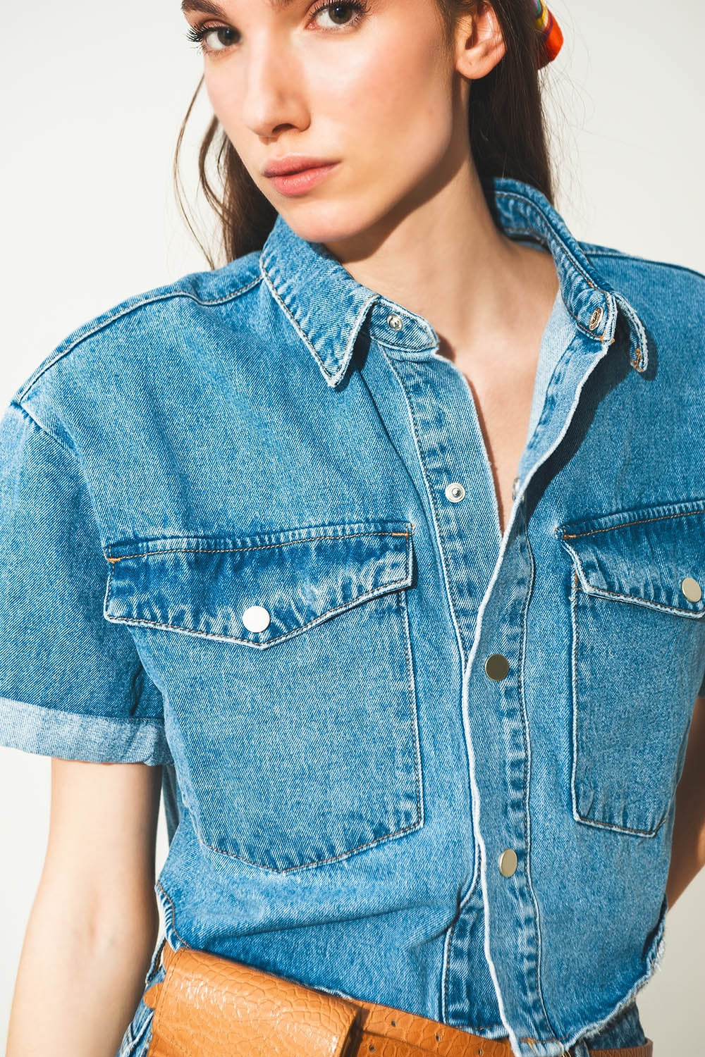 mid-blue wash denim cropped jacket - blazer