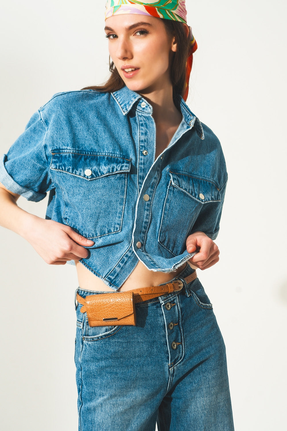mid-blue wash denim cropped jacket - blazer