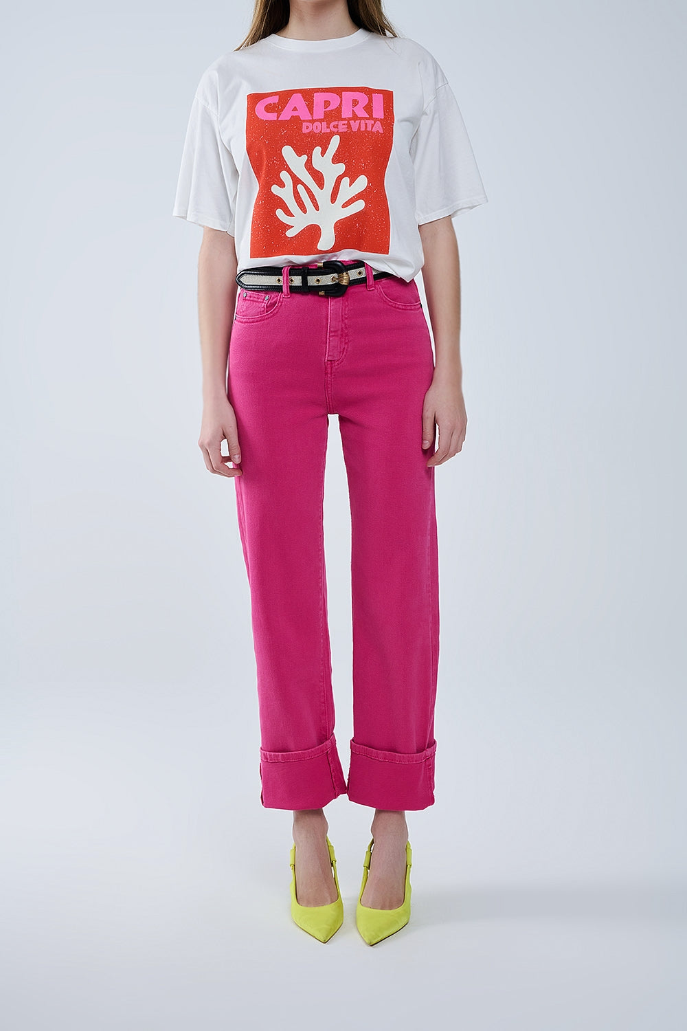 Straight leg Pants with cropped hem in magenta - Coloured Jeans