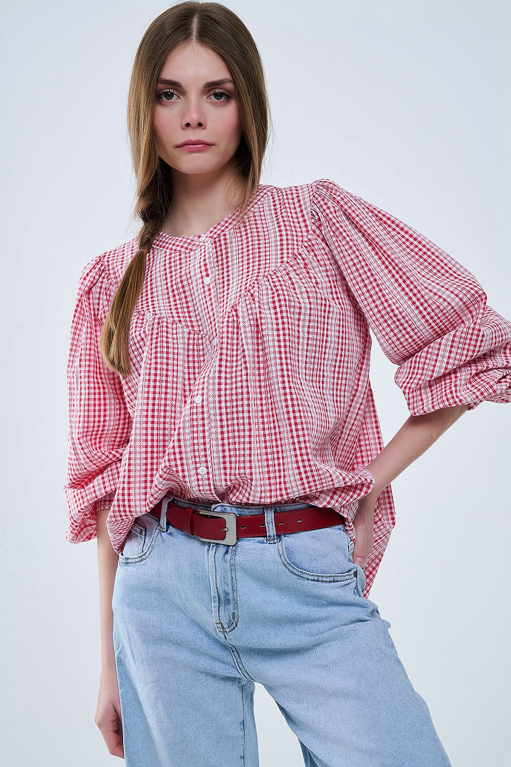 Gingham Red and White Collarless Blouse With Wide Sleeves - Shirts