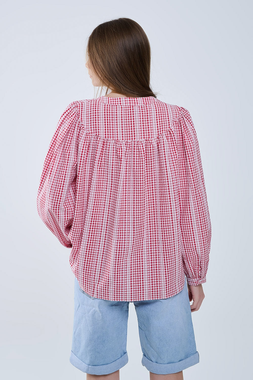 Gingham Red and White Collarless Blouse With Wide Sleeves - Shirts